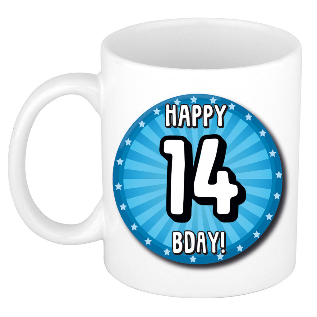 Verjaardag cadeau mok 14 jaar - blauw - wiel - 300 ml - keramiek -