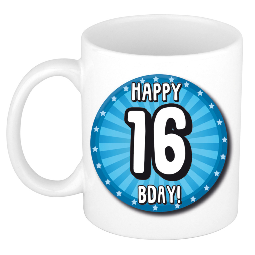 Verjaardag cadeau mok 16 jaar - blauw - wiel - 300 ml - keramiek -