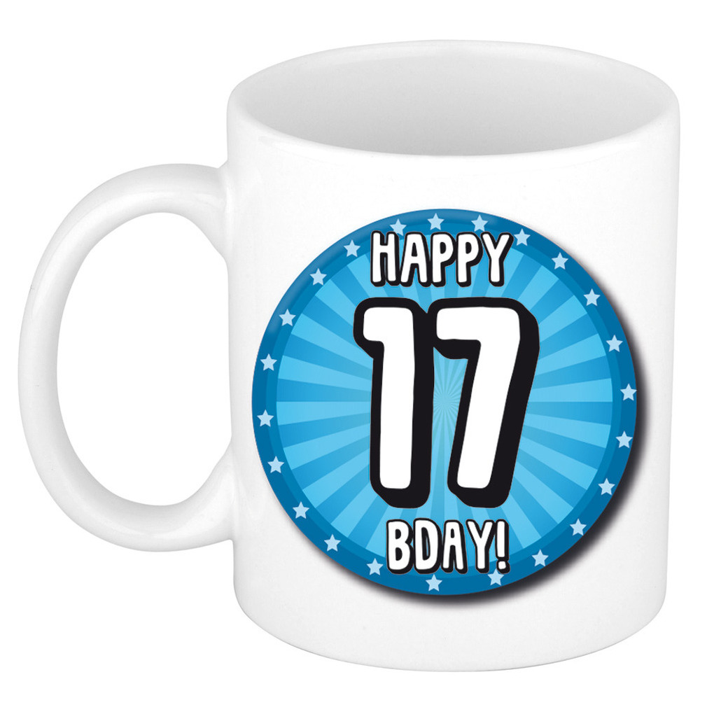 Verjaardag cadeau mok 17 jaar - blauw - wiel - 300 ml - keramiek -