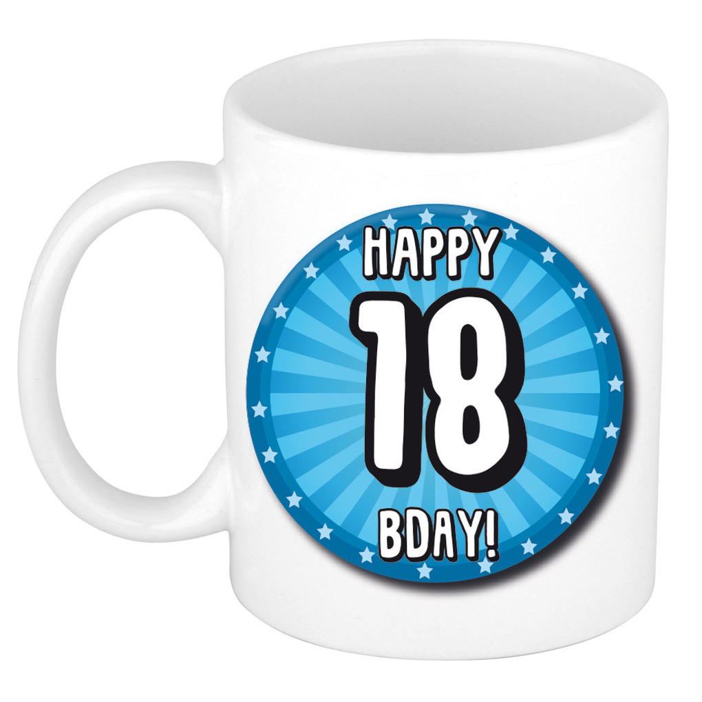 Verjaardag cadeau mok 18 jaar - blauw - wiel - 300 ml - keramiek -