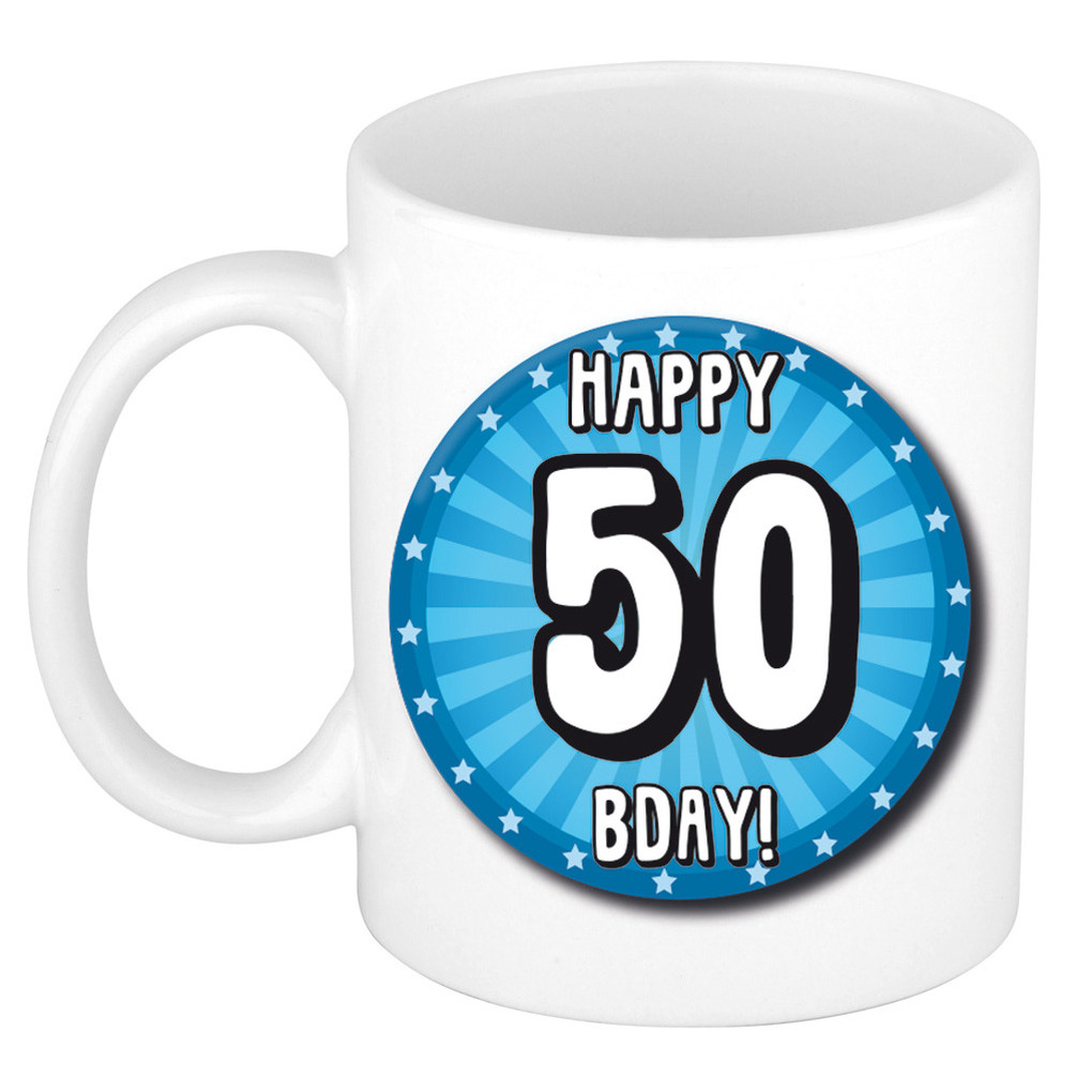 Verjaardag cadeau mok 50 jaar - blauw - wiel - 300 ml - keramiek - Sarah/Abraham -