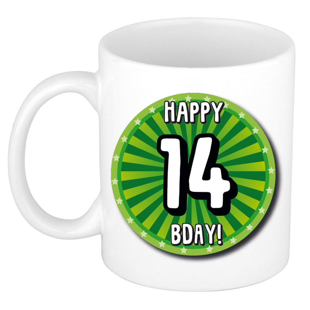 Verjaardag cadeau mok 14 jaar - groen - wiel - 300 ml - keramiek -