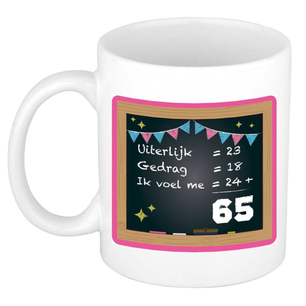 Verjaardag cadeau mok 65 jaar - roze - rekenen - 300 ml - keramiek -