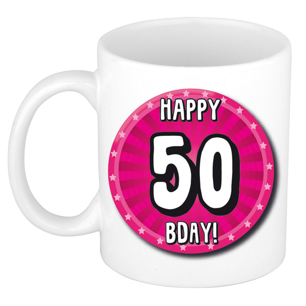 Verjaardag cadeau mok 50 jaar - Sara - roze - wiel - 300 ml - keramiek -