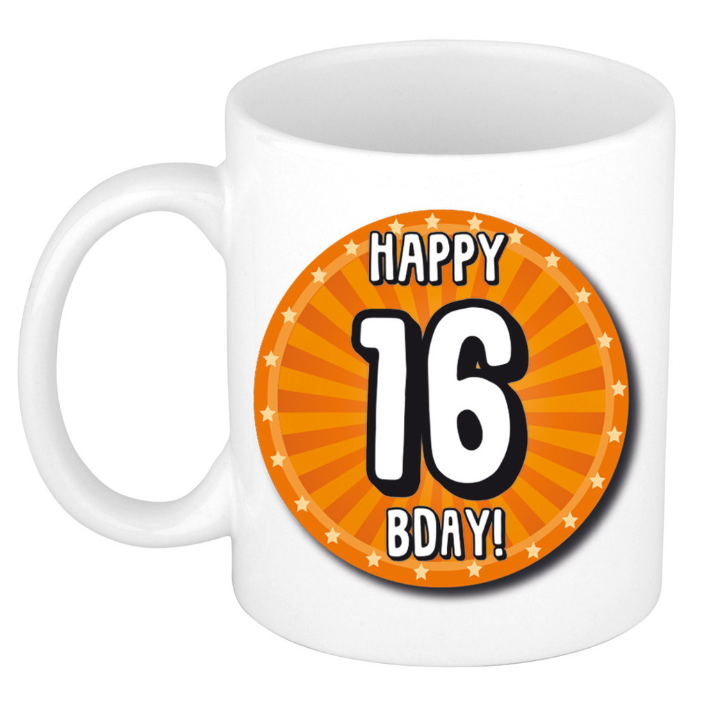 Verjaardag cadeau mok 16 jaar - oranje - wiel - 300 ml - keramiek -