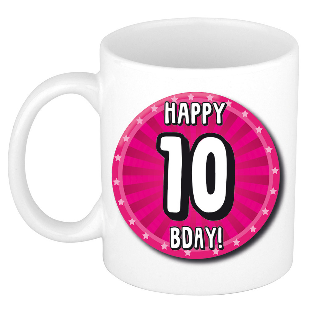 Verjaardag cadeau mok 10 jaar - roze - wiel - 300 ml - keramiek -