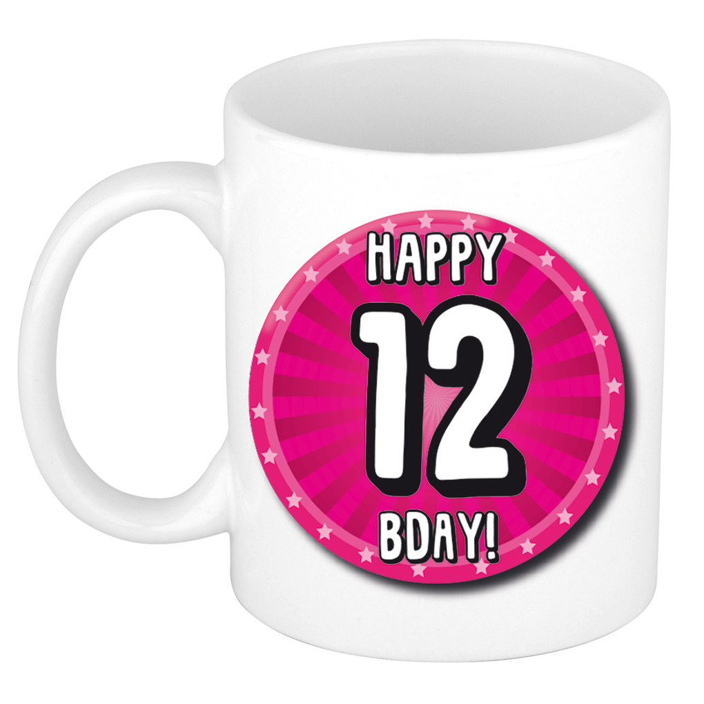 Verjaardag cadeau mok 12 jaar - roze - wiel - 300 ml - keramiek -