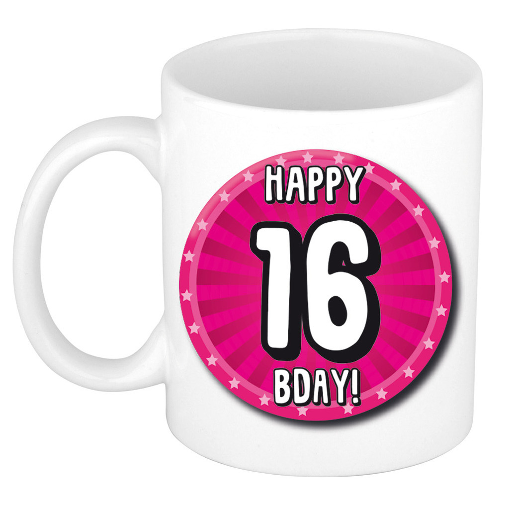 Verjaardag cadeau mok 16 jaar - roze - wiel - 300 ml - keramiek -
