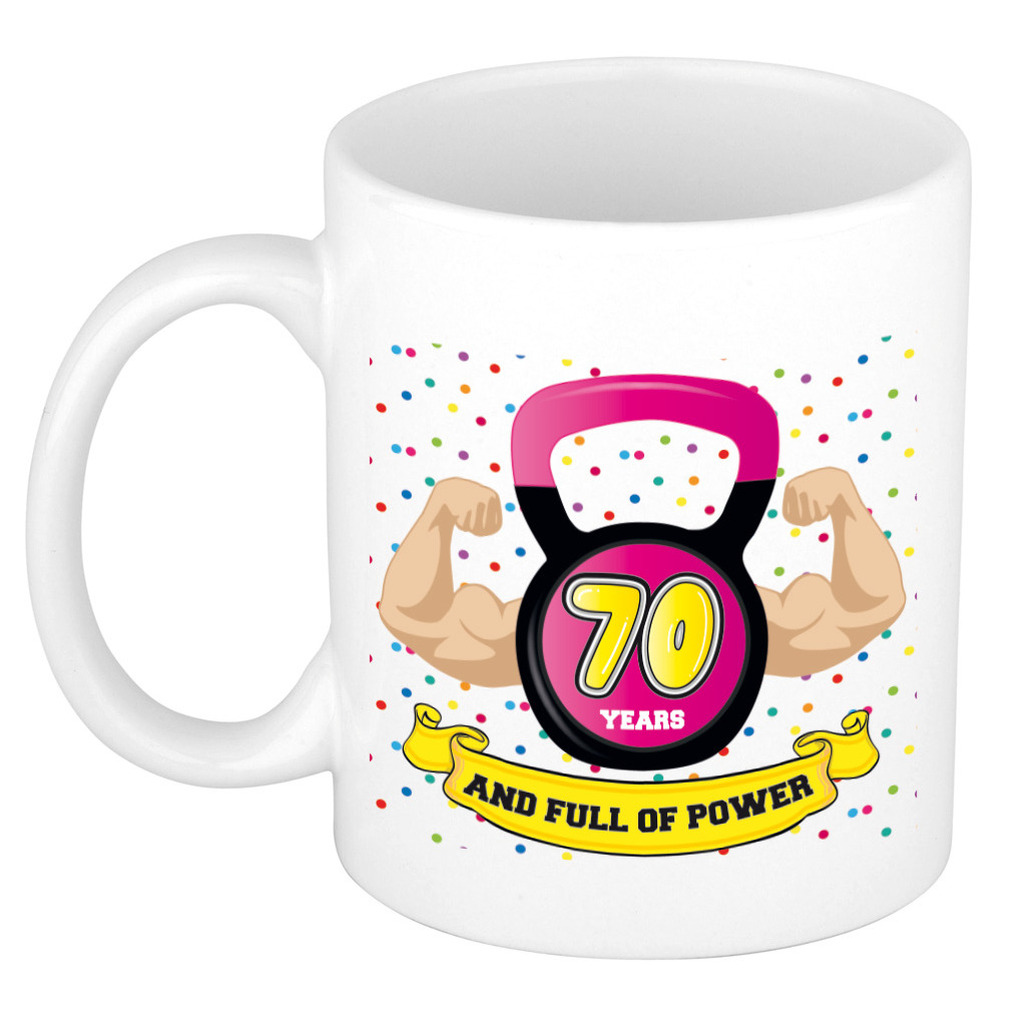 Verjaardag cadeau mok 70 jaar - roze - spieren - 300 ml - keramiek -