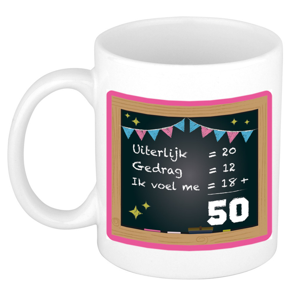 Verjaardag cadeau mok 50 jaar - roze - 300 ml - keramiek - Sarah/Abraham -