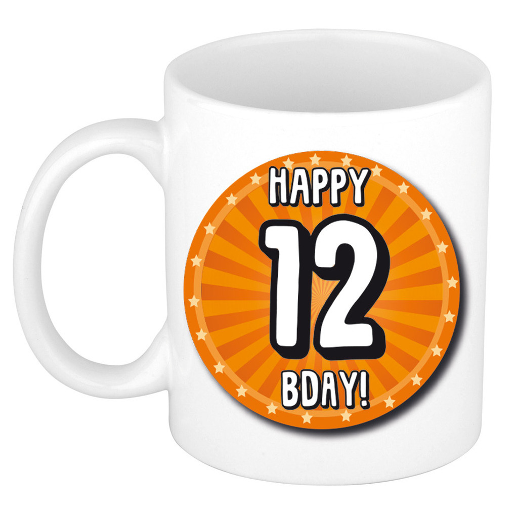 Verjaardag cadeau mok 12 jaar - oranje - wiel - 300 ml - keramiek -