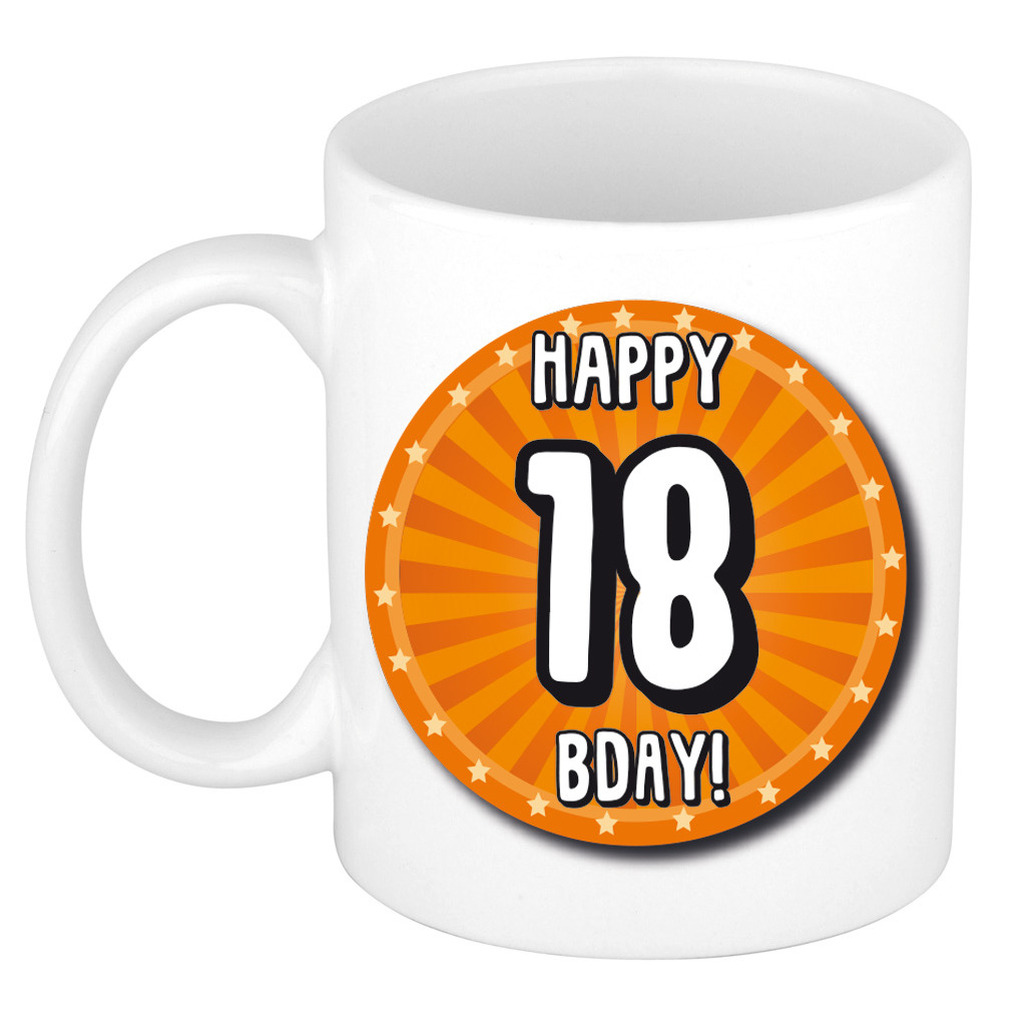 Verjaardag cadeau mok 18 jaar - oranje - wiel - 300 ml - keramiek -
