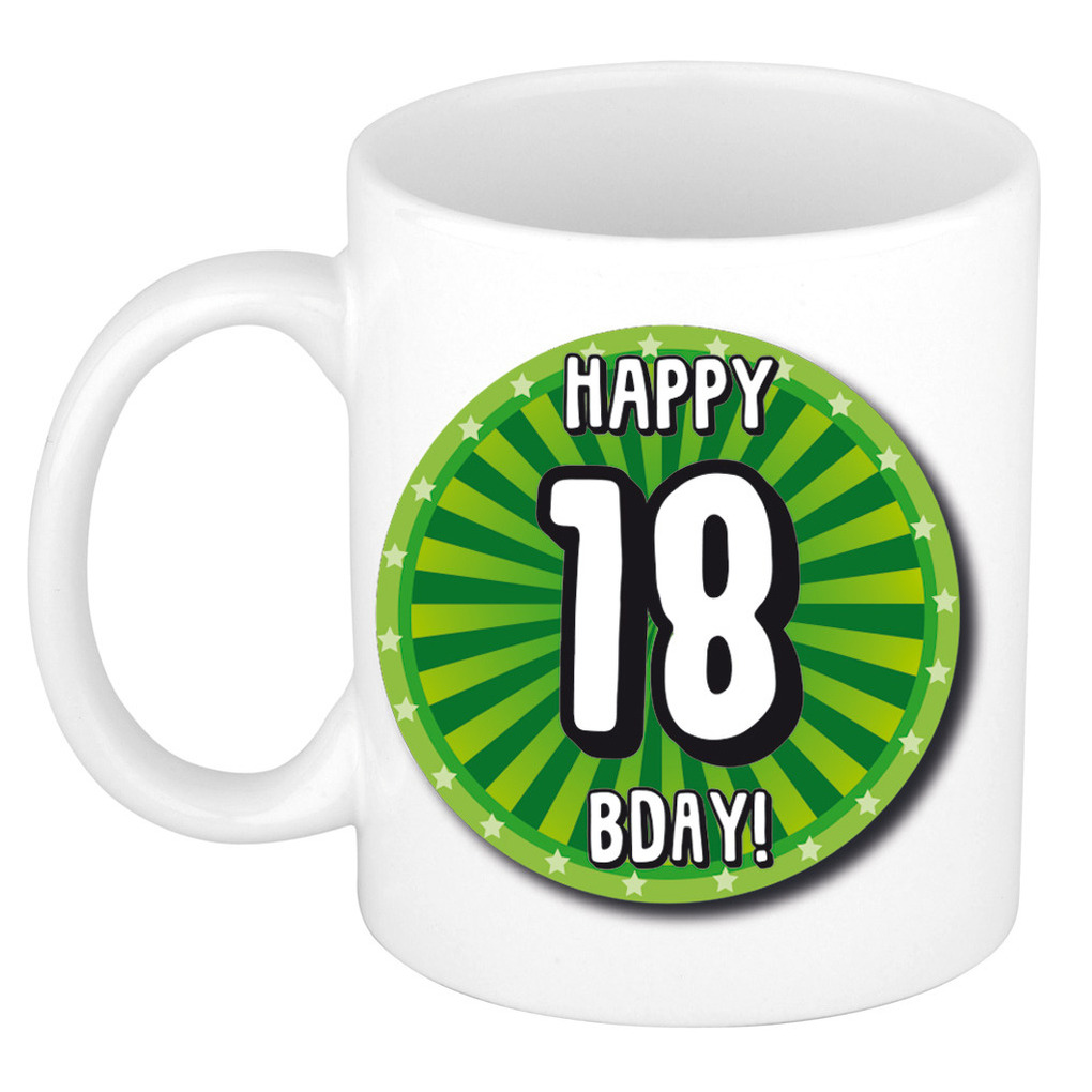 Verjaardag cadeau mok 18 jaar - groen - wiel - 300 ml - keramiek -