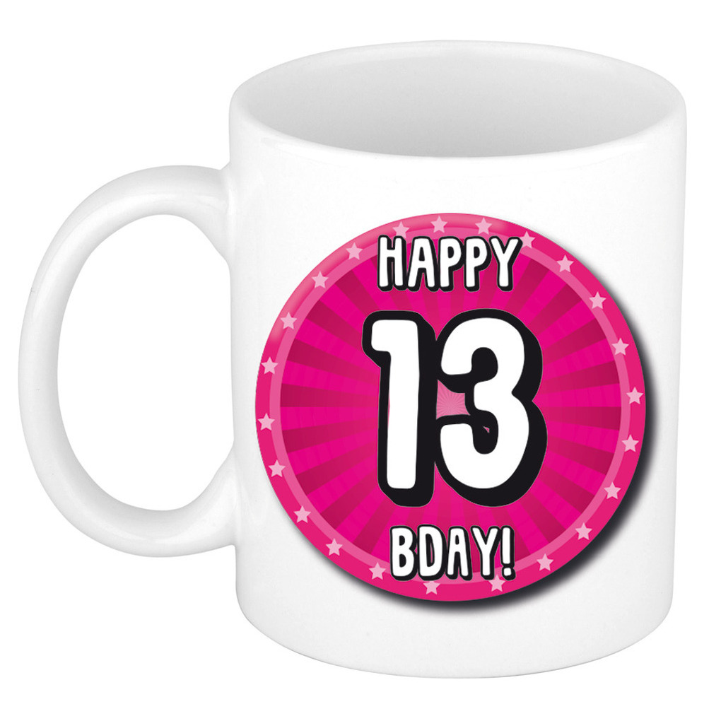 Verjaardag cadeau mok 13 jaar - roze - wiel - 300 ml - keramiek -