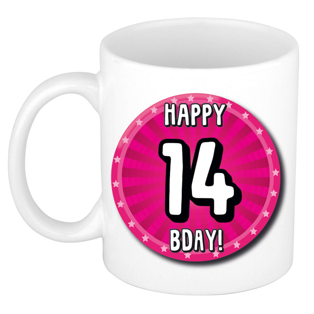Verjaardag cadeau mok 14 jaar - roze - wiel - 300 ml - keramiek -