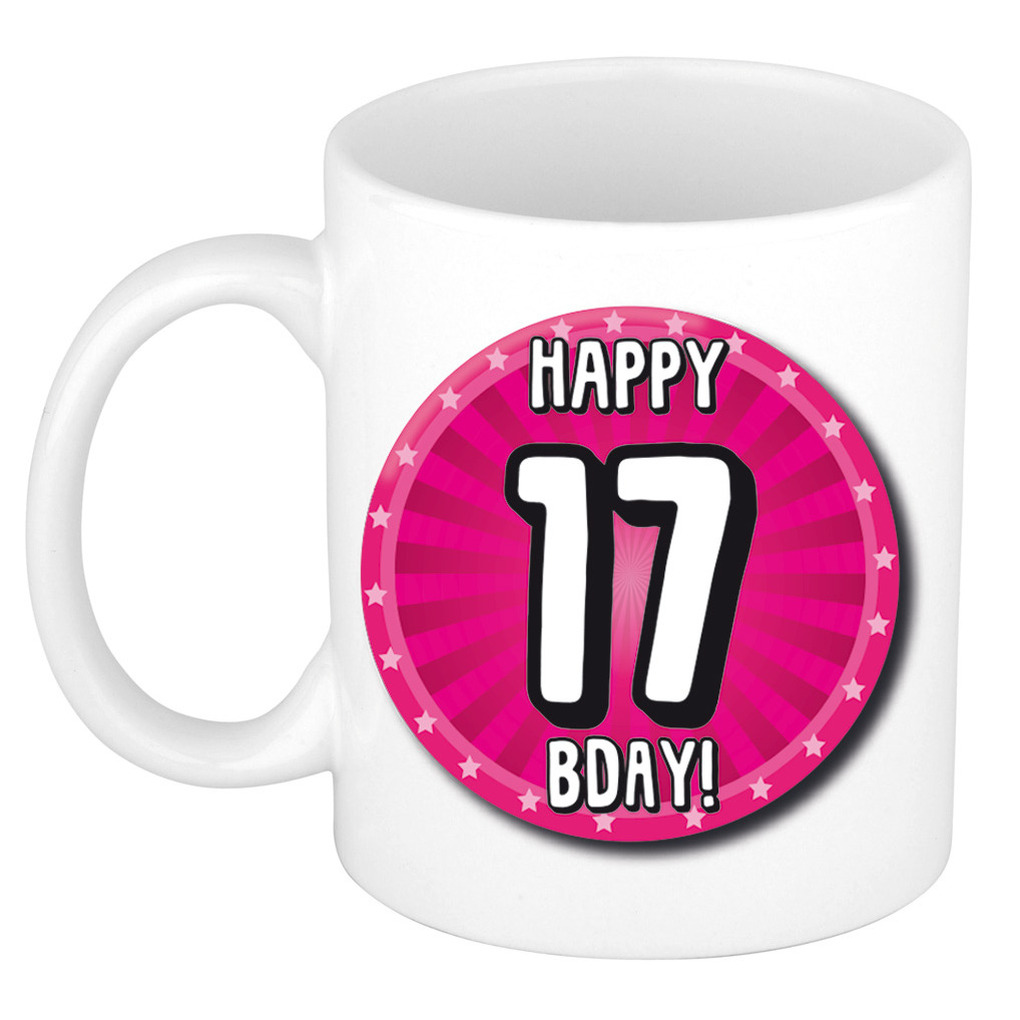 Verjaardag cadeau mok 17 jaar - roze - wiel - 300 ml - keramiek -