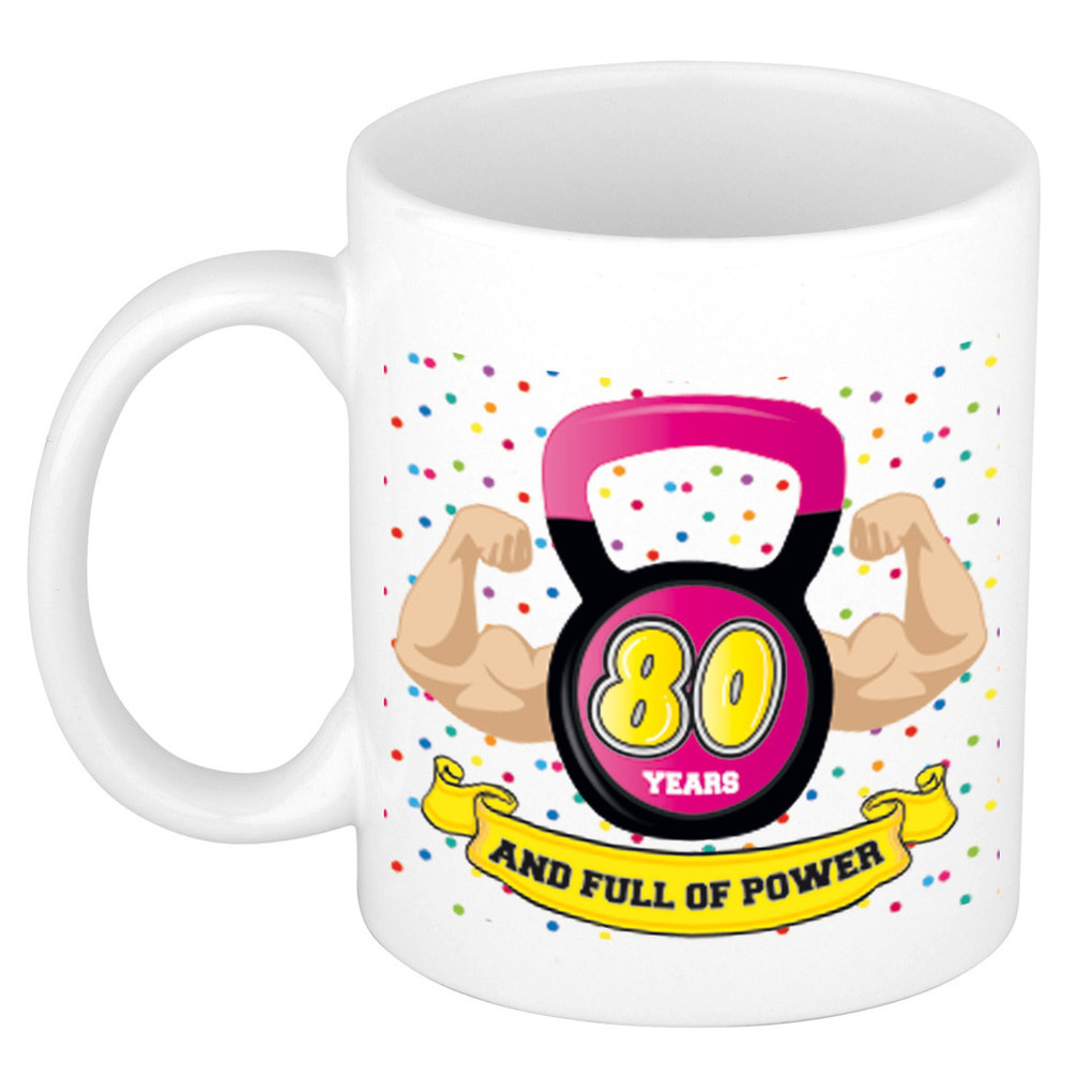 Verjaardag cadeau mok 80 jaar - roze - spieren - 300 ml - keramiek -