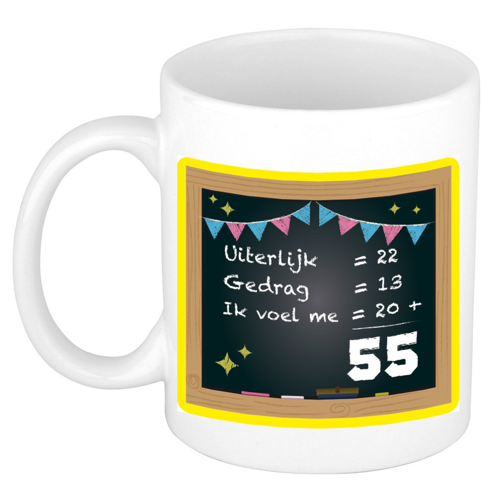 Verjaardag cadeau mok 55 jaar - geel - rekenen - 300 ml - keramiek -