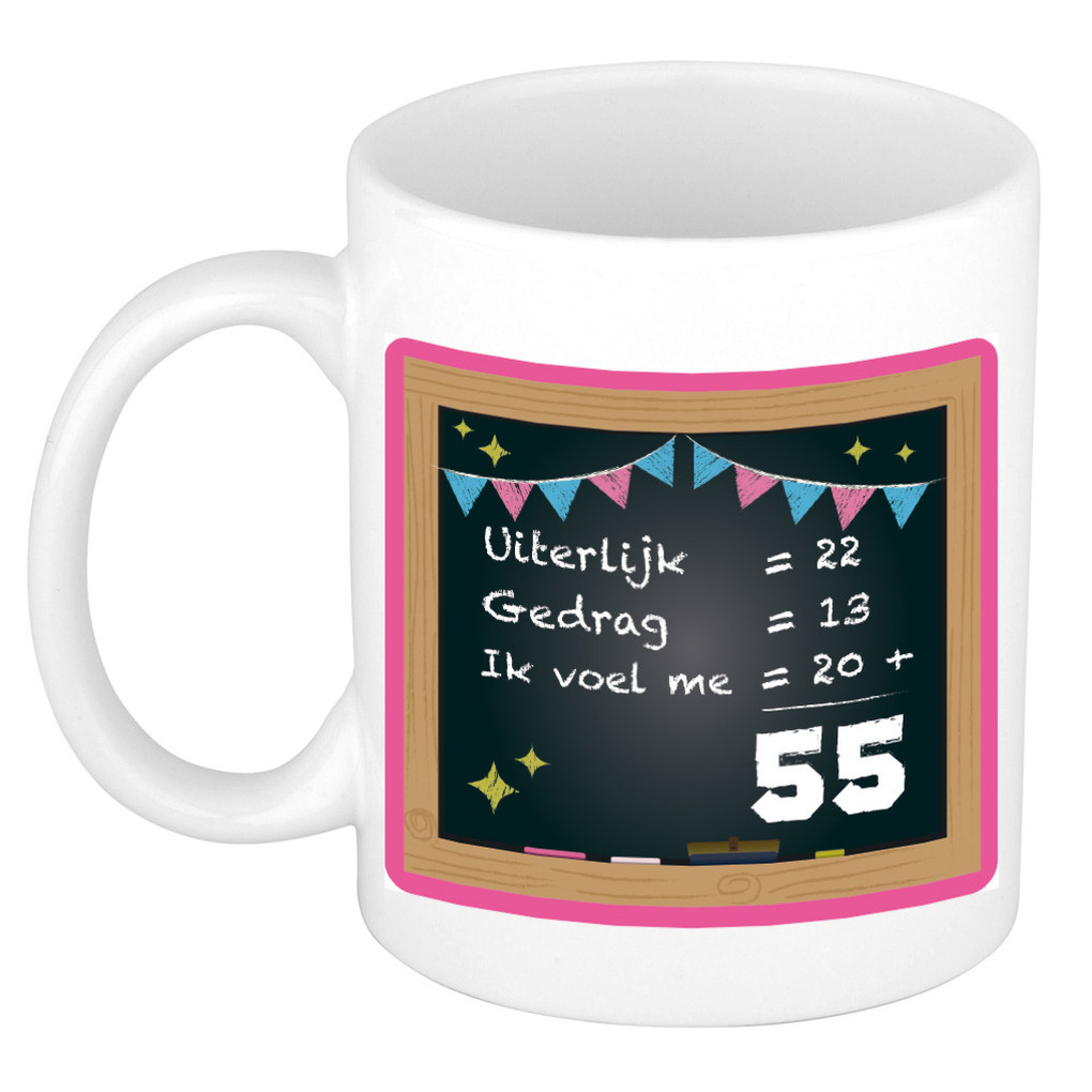 Verjaardag cadeau mok 55 jaar - roze - rekenen - 300 ml - keramiek -