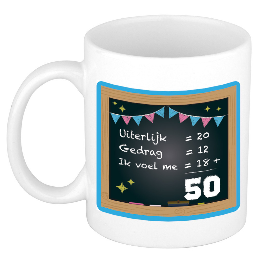 Verjaardag cadeau mok 50 jaar - blauw - 300 ml - keramiek - Sarah/Abraham -