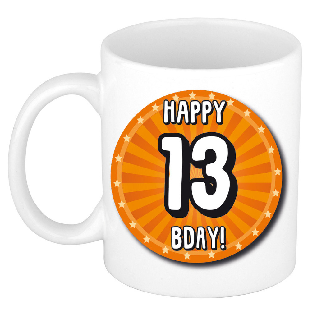 Verjaardag cadeau mok 13 jaar - oranje - wiel - 300 ml - keramiek -