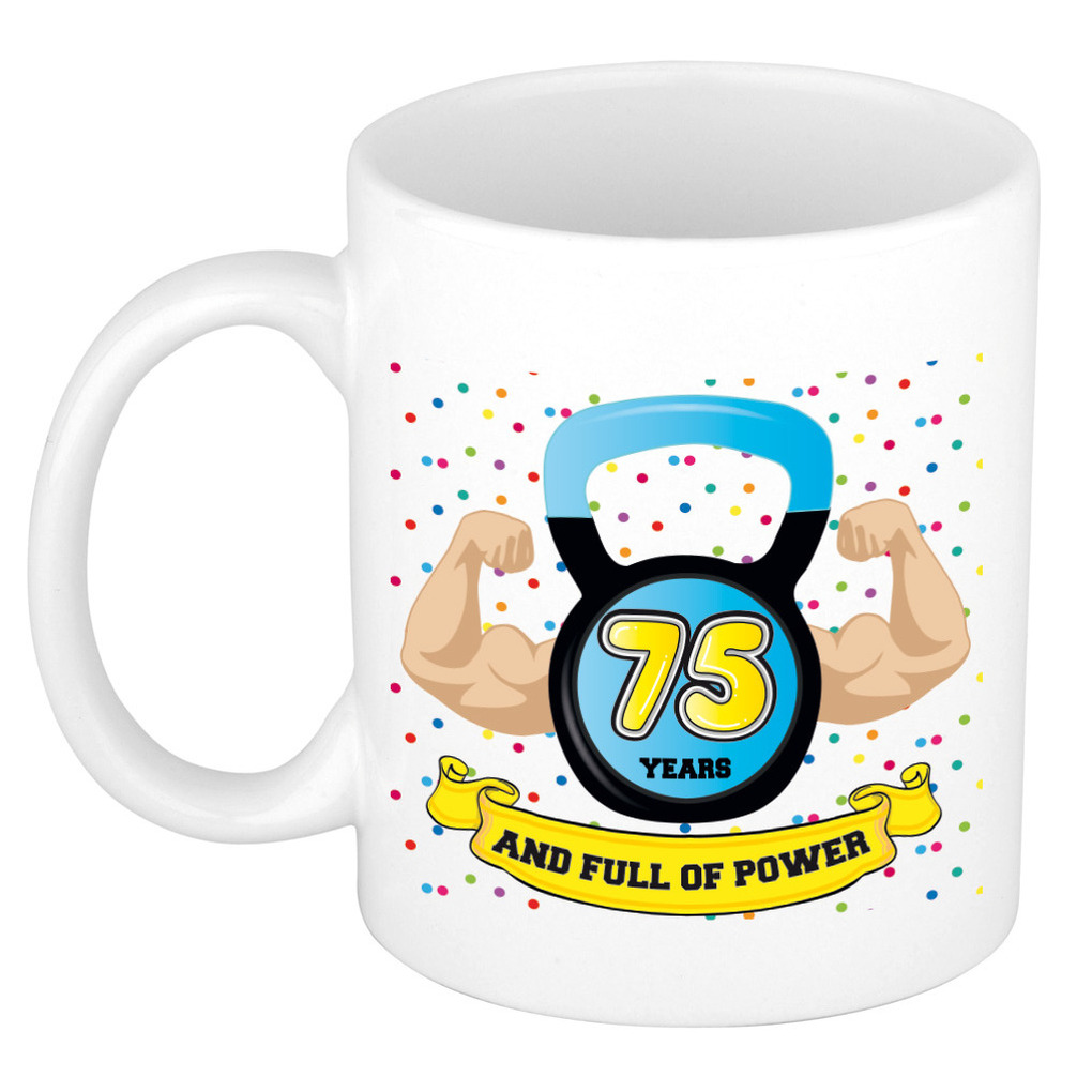 Verjaardag cadeau mok 75 jaar - blauw - spieren - 300 ml - keramiek -