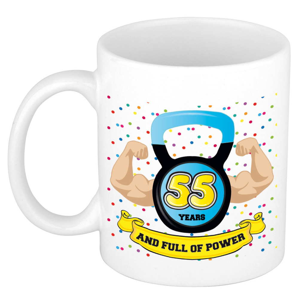 Verjaardag cadeau mok 55 jaar - blauw - spieren - 300 ml - keramiek -