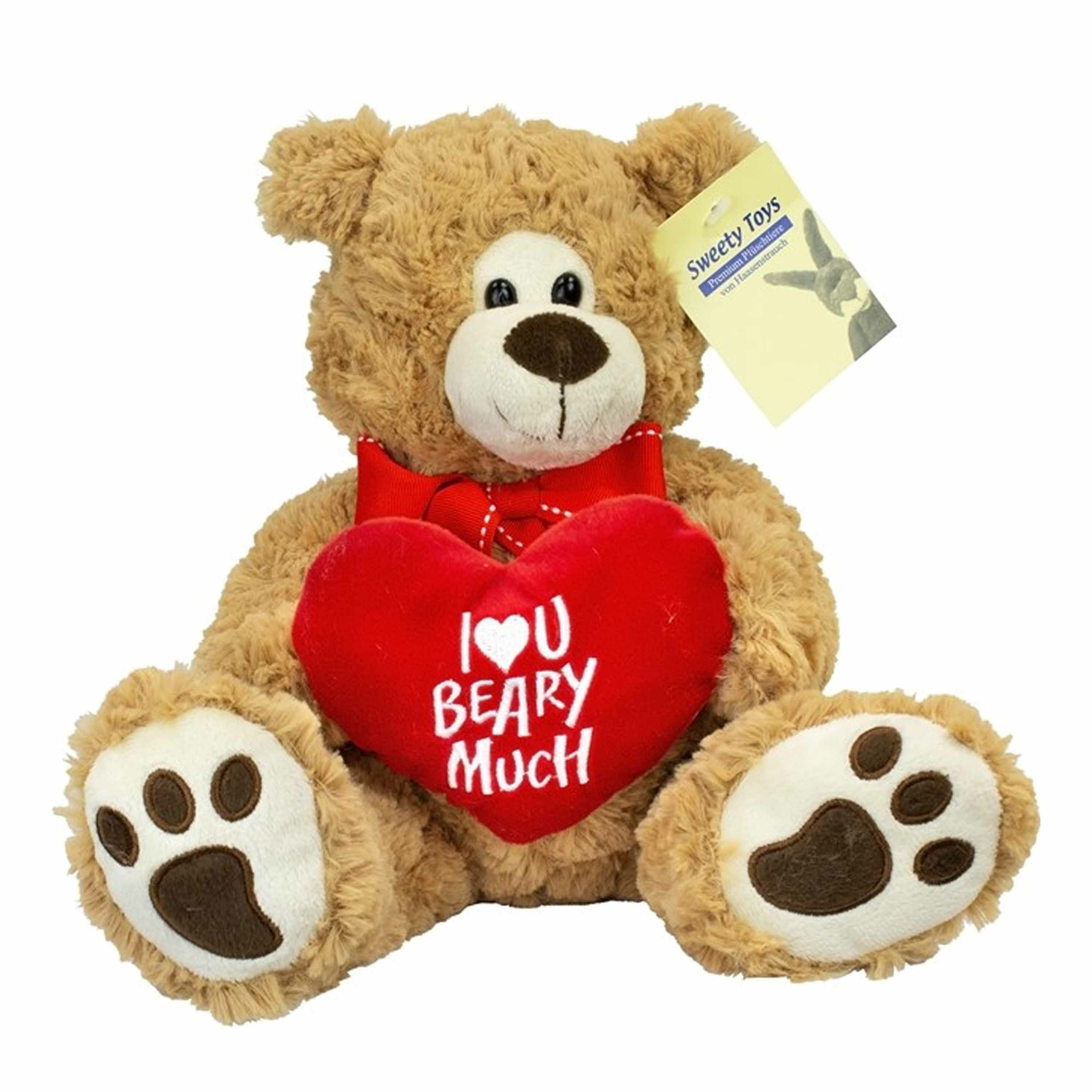 Pluche knuffelbeer/teddybeer met I love you hartje - met geluid - licht bruin - 25 cm -