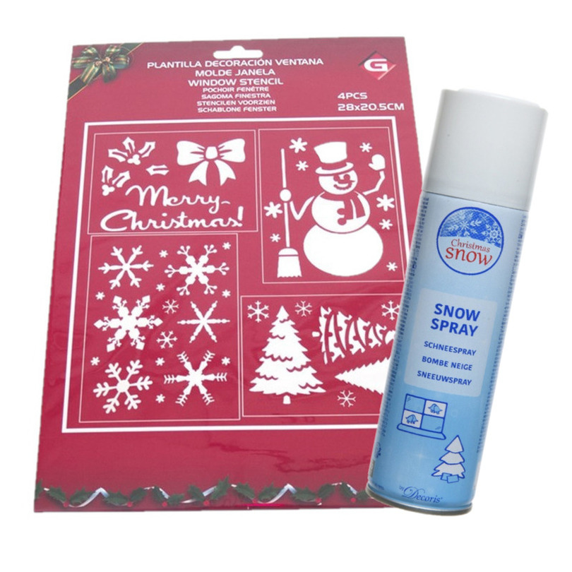 Kleine kerst raamsjablonen - 4x st- 28 x 21 cm - incl. sneeuwspray 150 ml -
