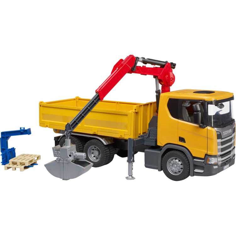 bruder Scania Super 560R constructie vrachtwagen met kraan en 2 pallets modelvoertuig 03551