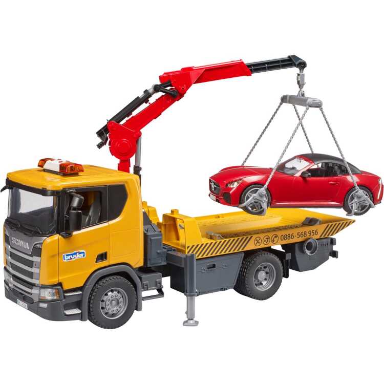 bruder Scania Super 560R sleepwagen met kraan en licht en geluid + roadster sportauto modelvoertuig 03552