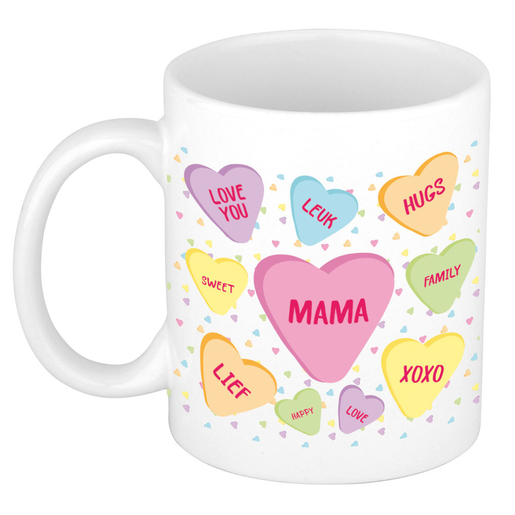 Moederdag cadeau koffiemok - hartjes snoepjes - wit - mok met tekst - verjaardag - mama/moeder -