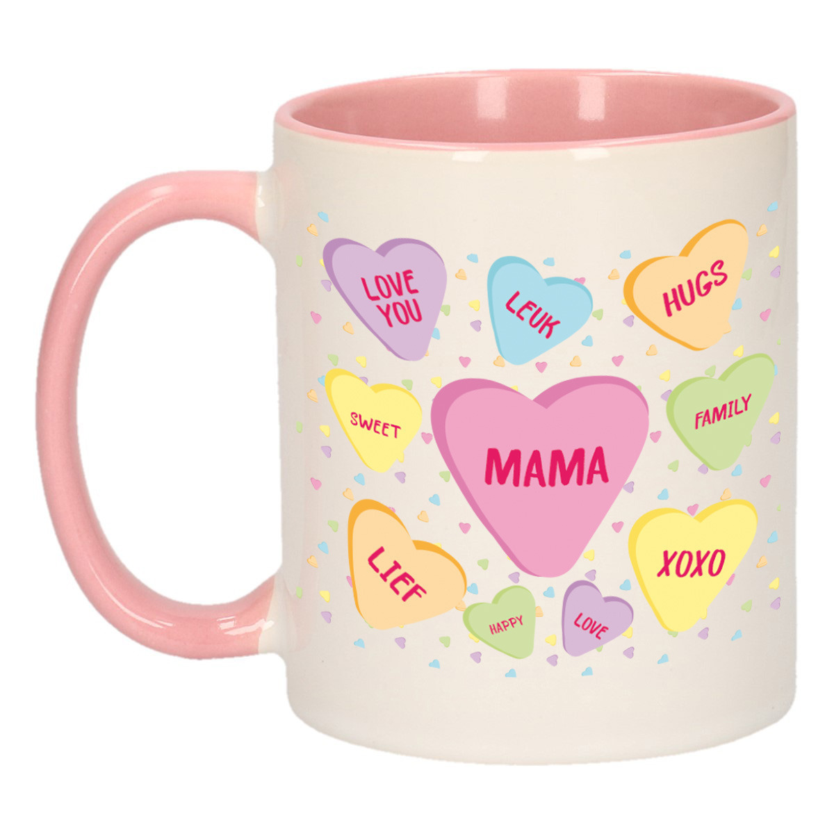 Moederdag cadeau koffiemok - hartjes snoepjes - roze - mok met tekst - verjaardag - mama/moeder -