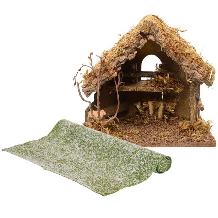 Lege kerststal - L30 x B18 x H26 cm - incl. gras ondergrond/achtergrond - besneeuwd -