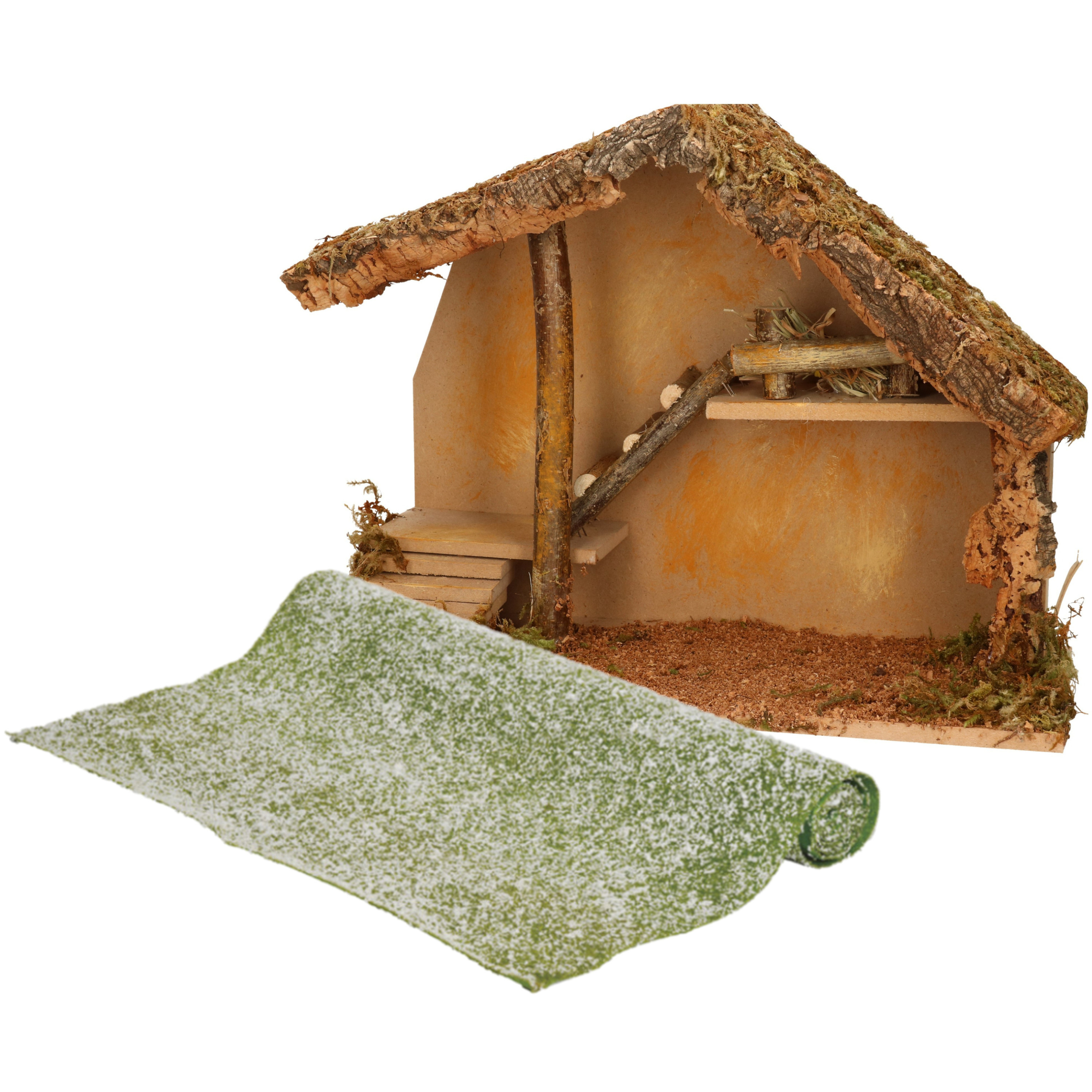 Lege kerststal - L39 x B19 x H28 cm - incl. gras ondergrond/achtergrond - besneeuwd -