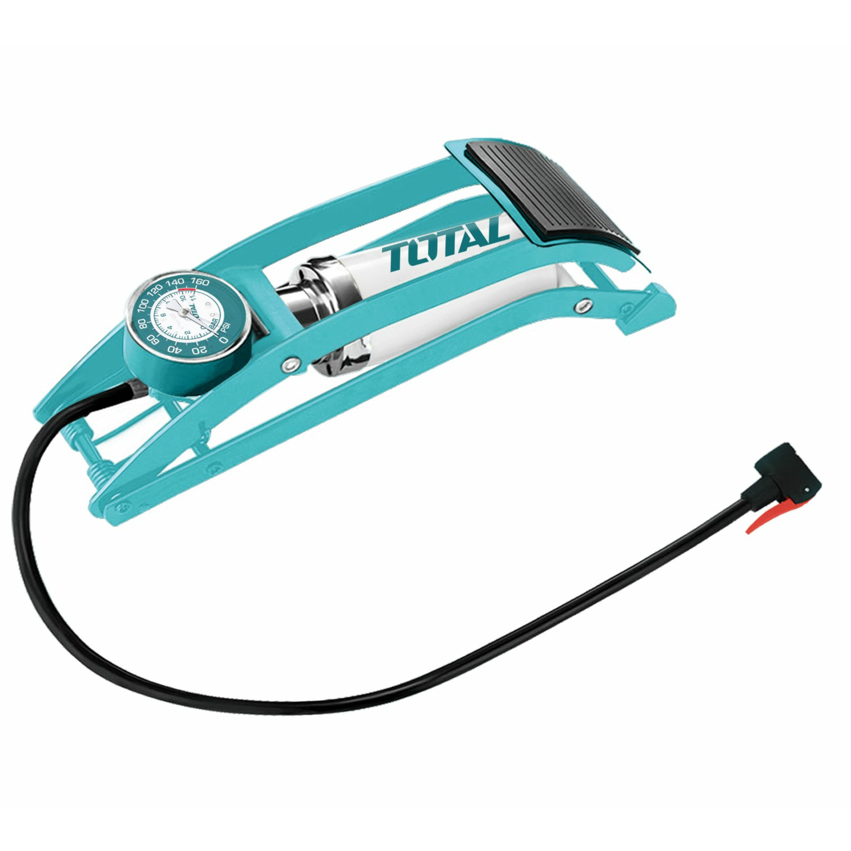 Total Fietspomp voetpomp - metaal - zilver/blauw - manometer - met ventieladapter -