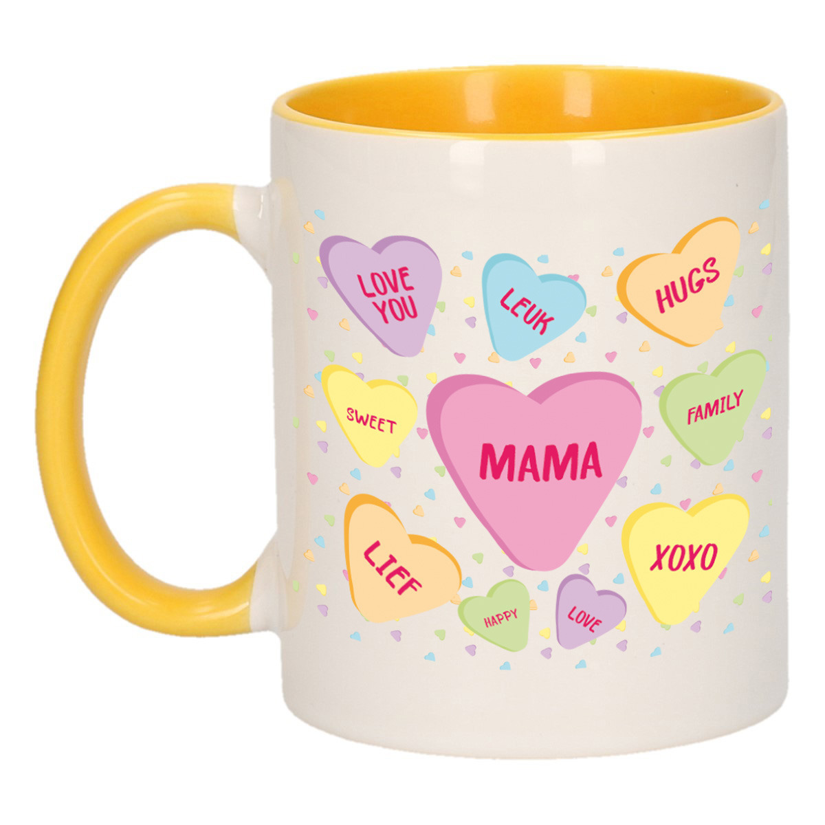 Moederdag cadeau koffiemok - hartjes snoepjes - geel - mok met tekst - verjaardag - mama/moeder -