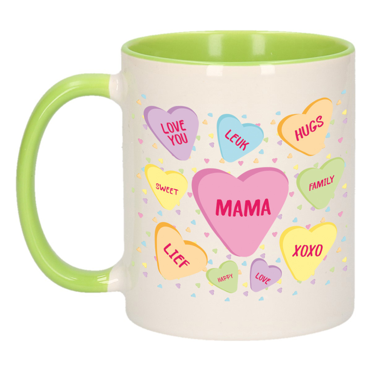 Moederdag cadeau koffiemok - hartjes snoepjes - groen - mok met tekst - verjaardag - mama/moeder -