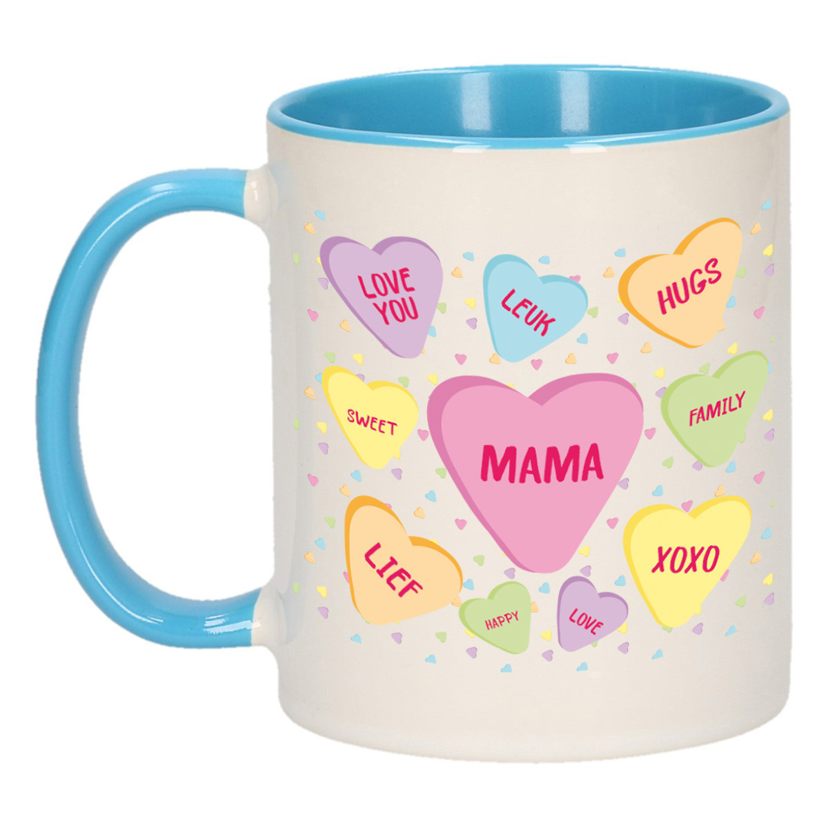 Moederdag cadeau koffiemok - hartjes snoepjes - blauw - mok met tekst - verjaardag - mama/moeder -