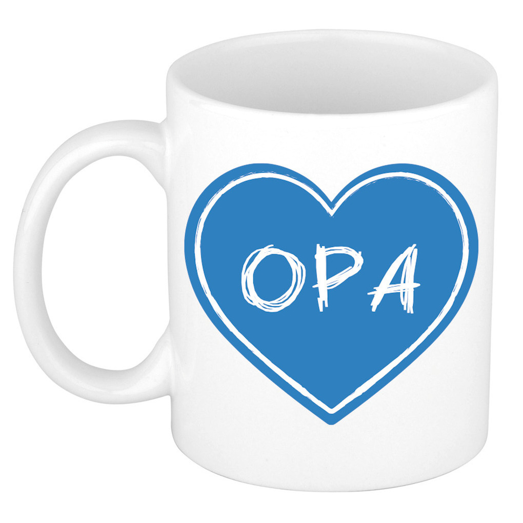 Cadeau koffiemok voor opa - blauw hartje - 300 ml - keramiek - verjaardag - opa/oma dag -