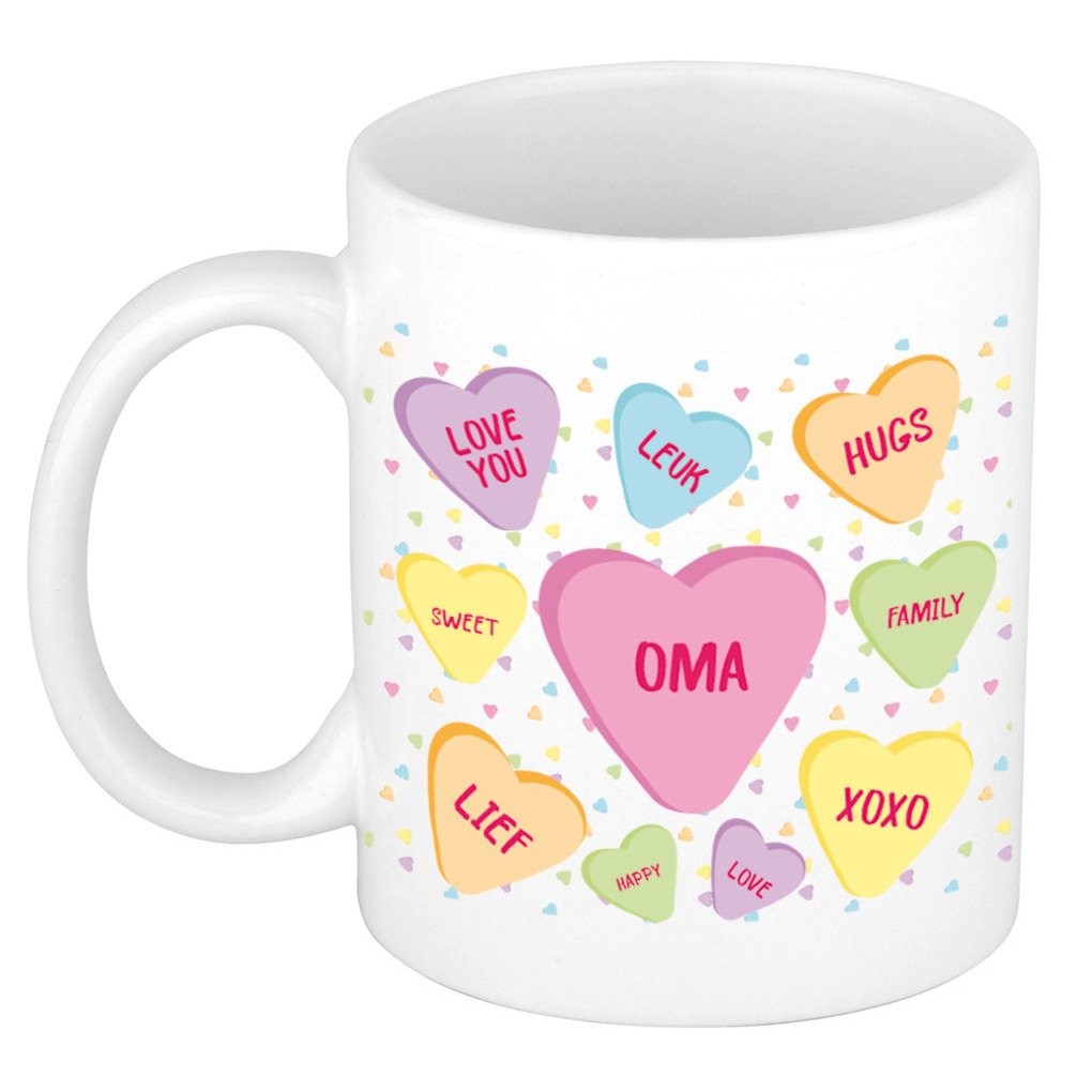 Cadeau koffiemok voor oma - hartjes snoepjes - wit - verjaardag kado - mok met tekst -