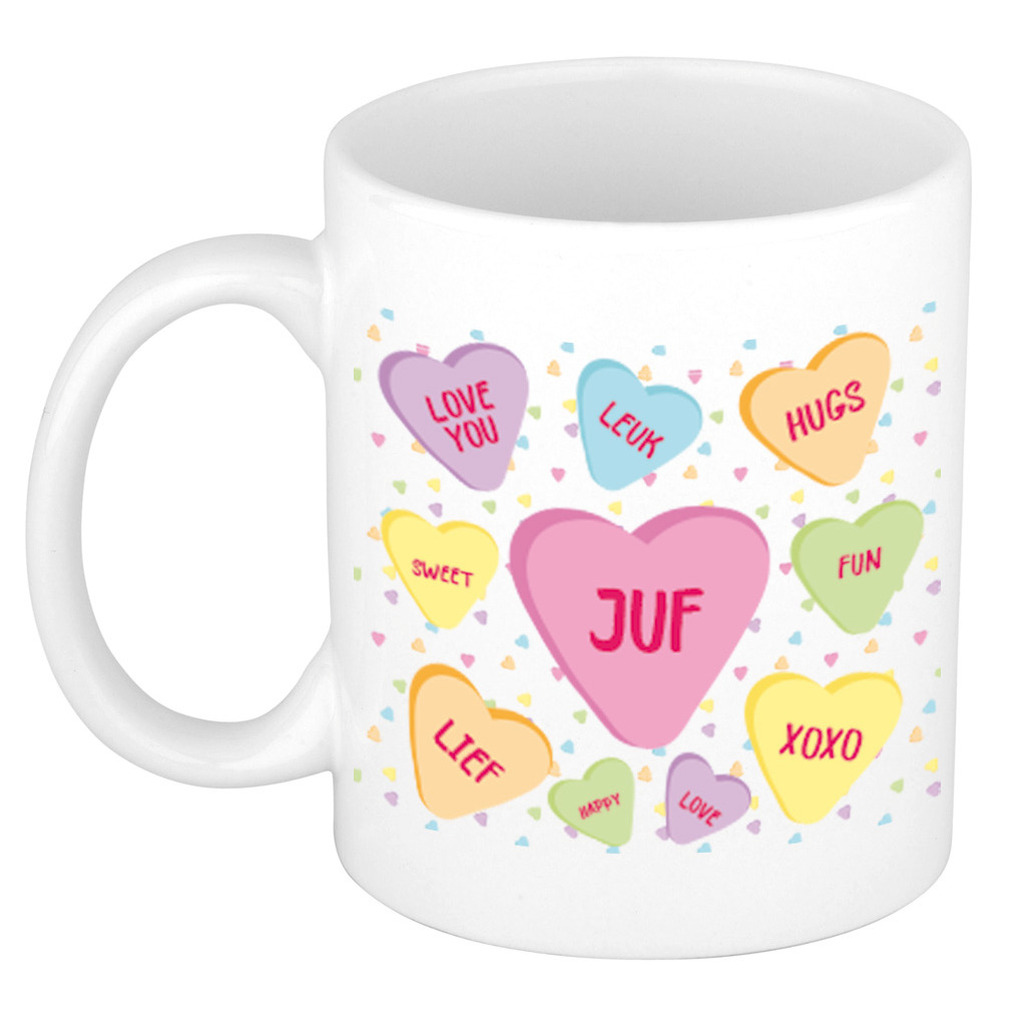 Cadeau koffiemok voor juf/lerares - hartjes snoepjes - wit - verjaardag kado - mok met tekst -