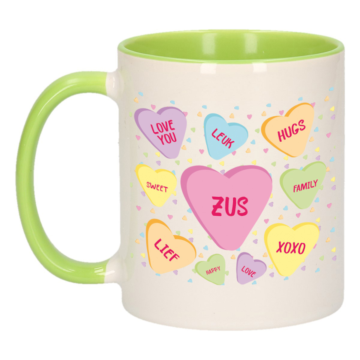 Cadeau koffiemok voor zus/zusje - hartjes snoepjes - groen - verjaardag kado - mok met tekst -