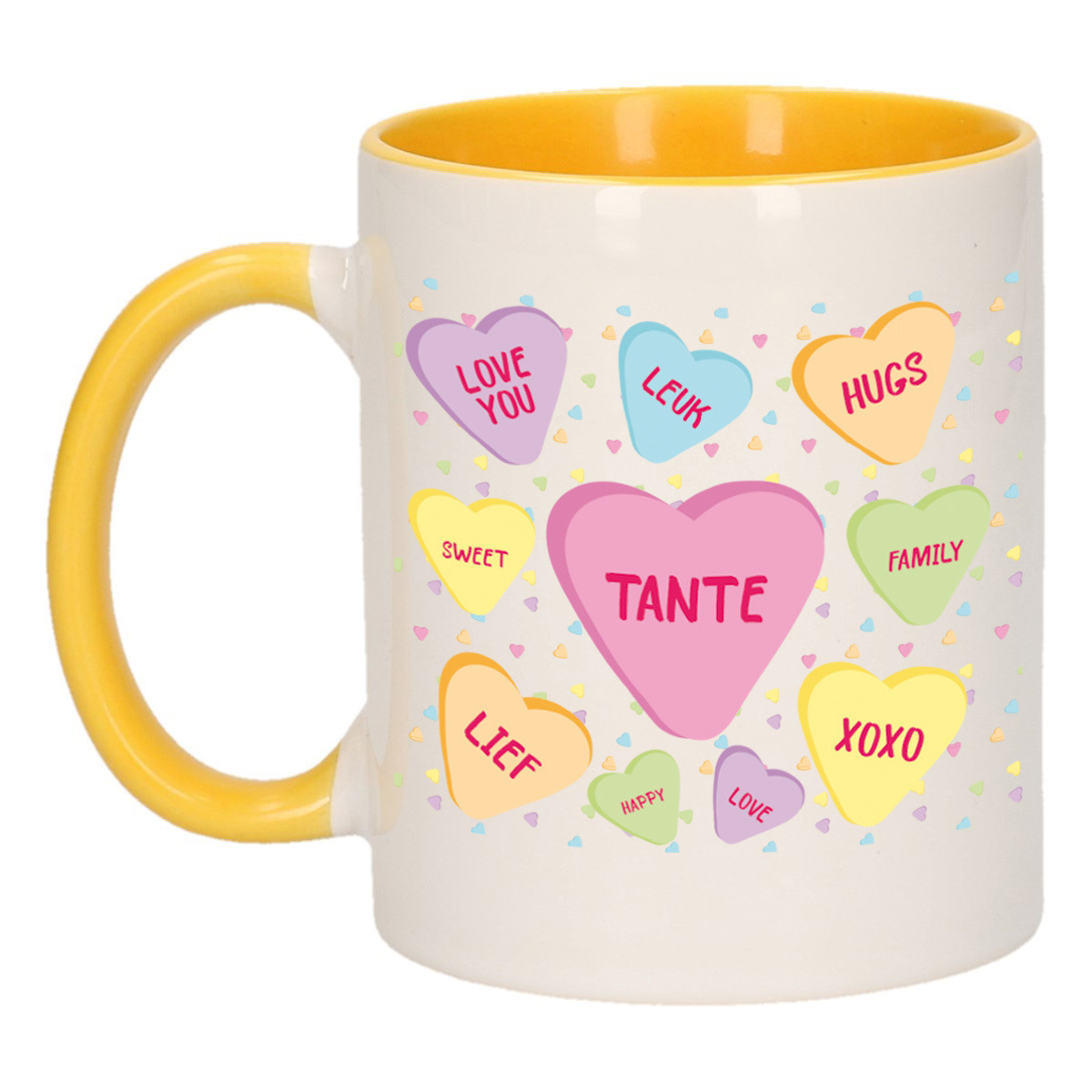 Cadeau koffiemok voor tante - hartjes snoepjes - geel - verjaardag kado - mok met tekst -