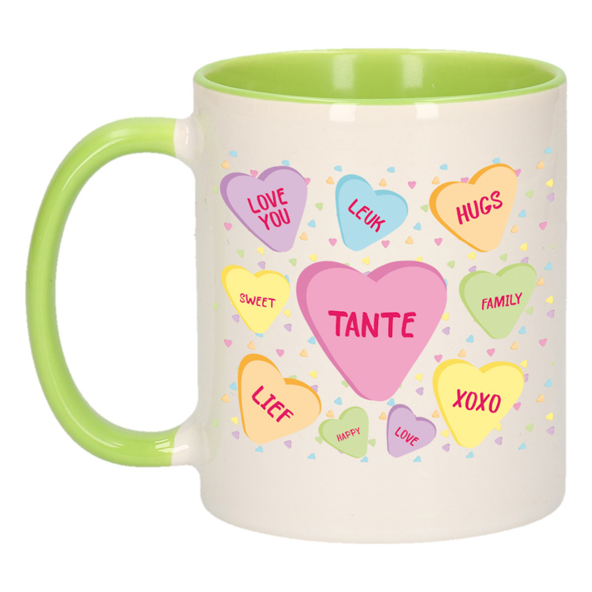 Cadeau koffiemok voor tante - hartjes snoepjes - groen - verjaardag kado - mok met tekst -
