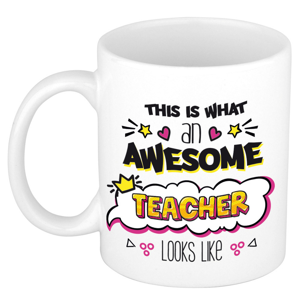 Cadeau koffiemok voor juf/lerares - awesome teacher - verjaardag/einde schooljaar kado -