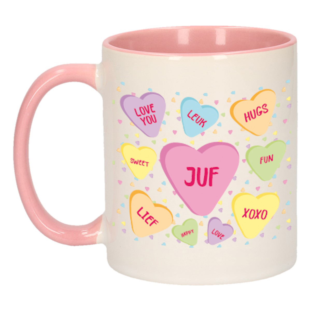 Cadeau koffiemok voor juf/lerares - hartjes snoepjes - roze - verjaardag kado - mok met tekst -