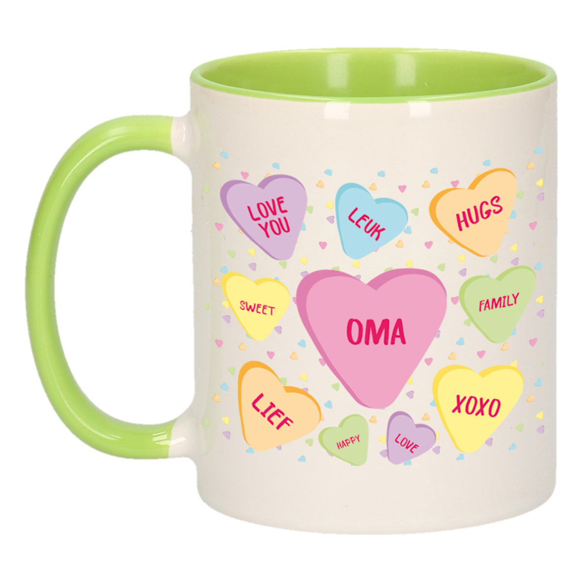 Cadeau koffiemok voor oma - hartjes snoepjes - groen - verjaardag kado - mok met tekst -