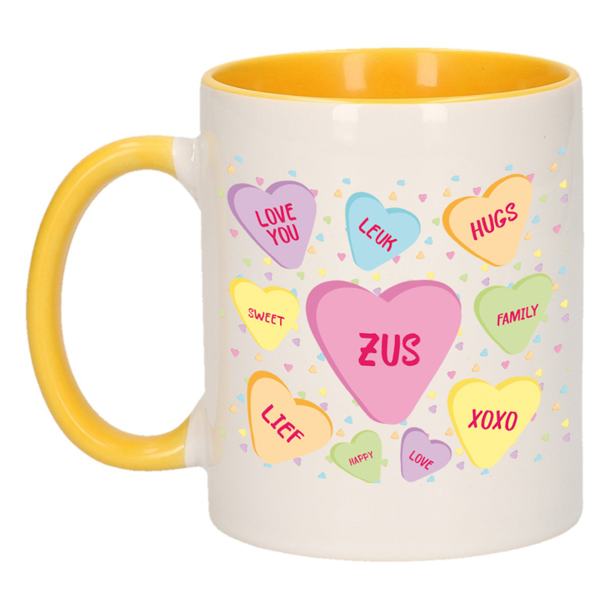 Cadeau koffiemok voor zus/zusje - hartjes snoepjes - geel - verjaardag kado - mok met tekst -