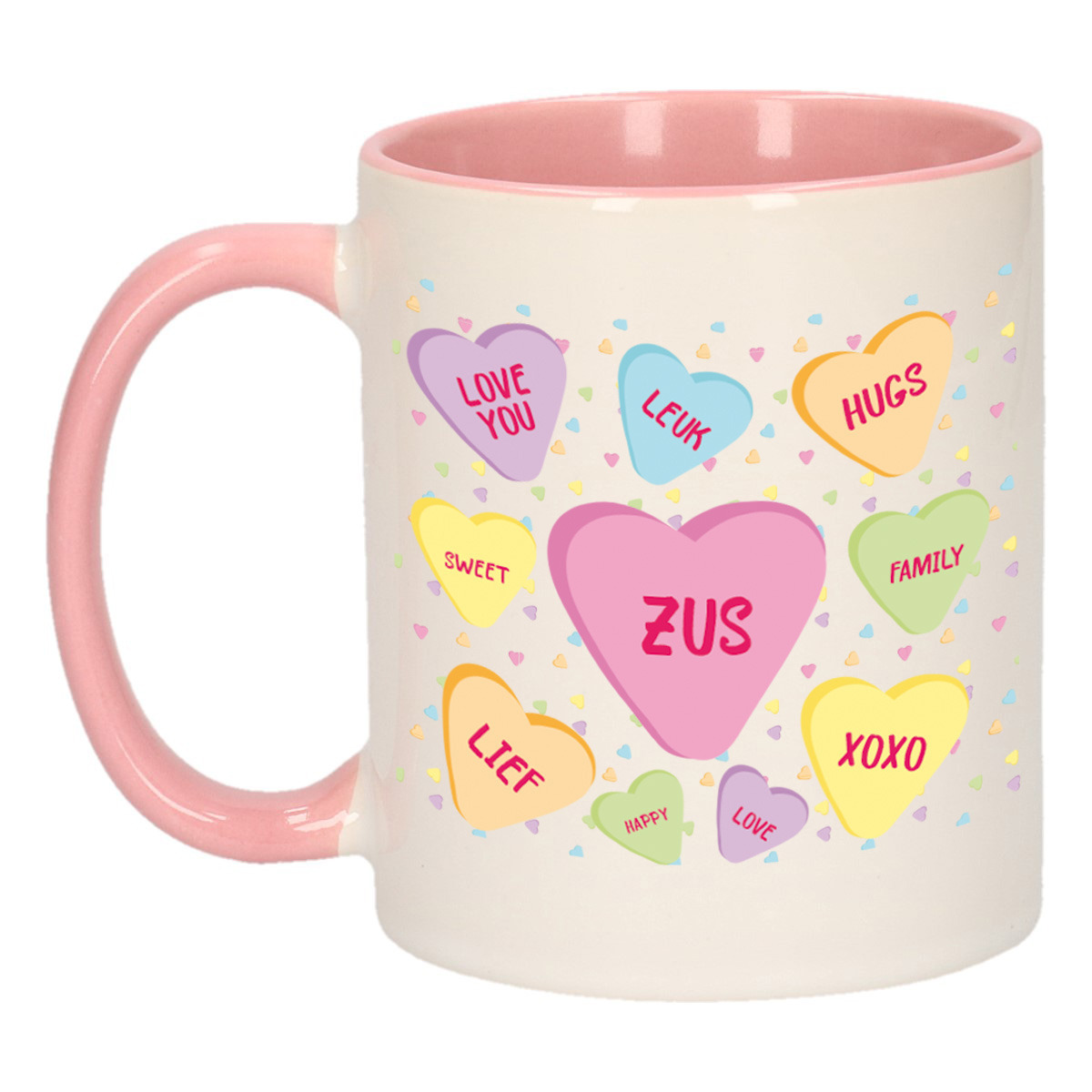Cadeau koffiemok voor zus/zusje - hartjes snoepjes - roze - verjaardag kado - mok met tekst -